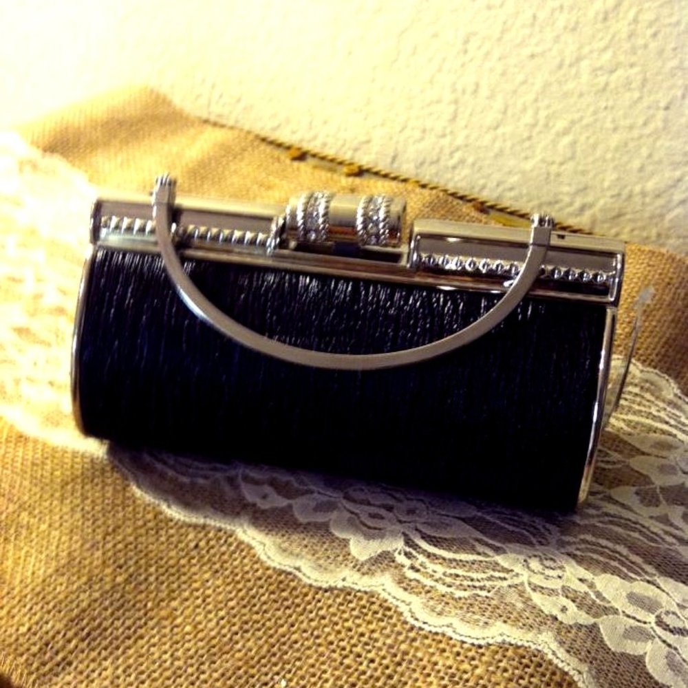 Black Textured Clutch with Silver Trim